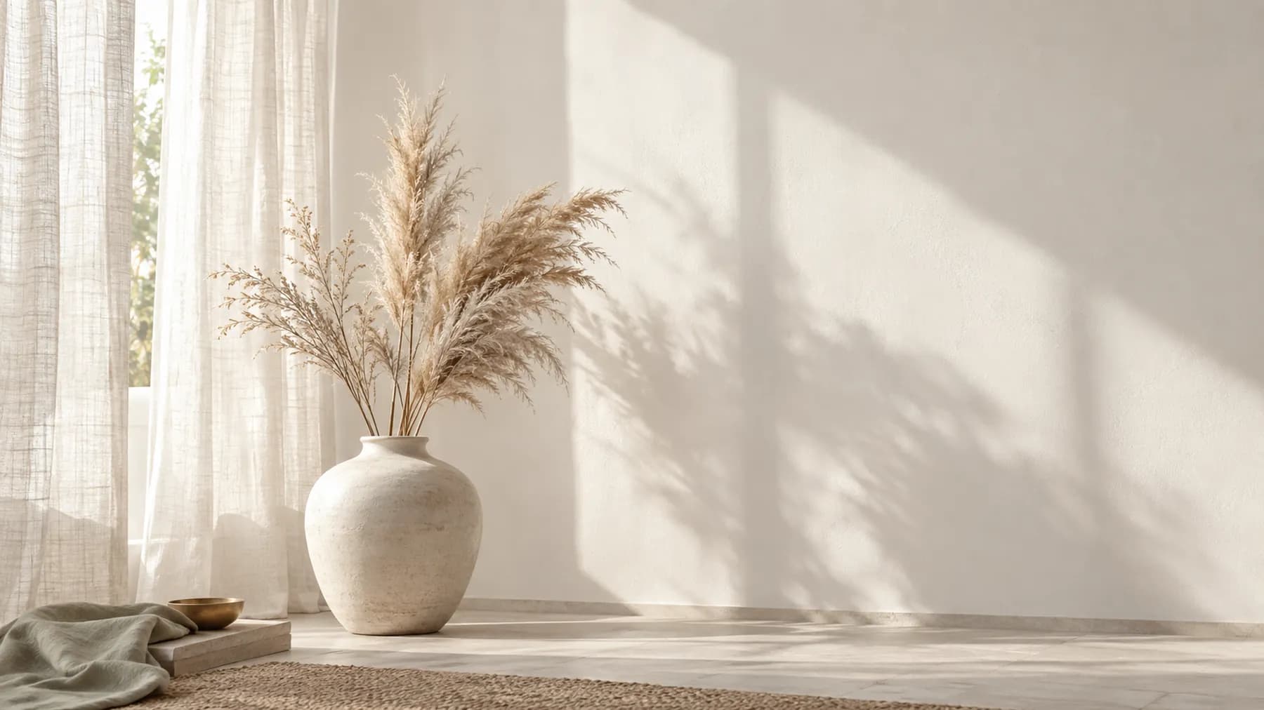A quiet, sunlit room with sheer curtains and a vase of pampas grass