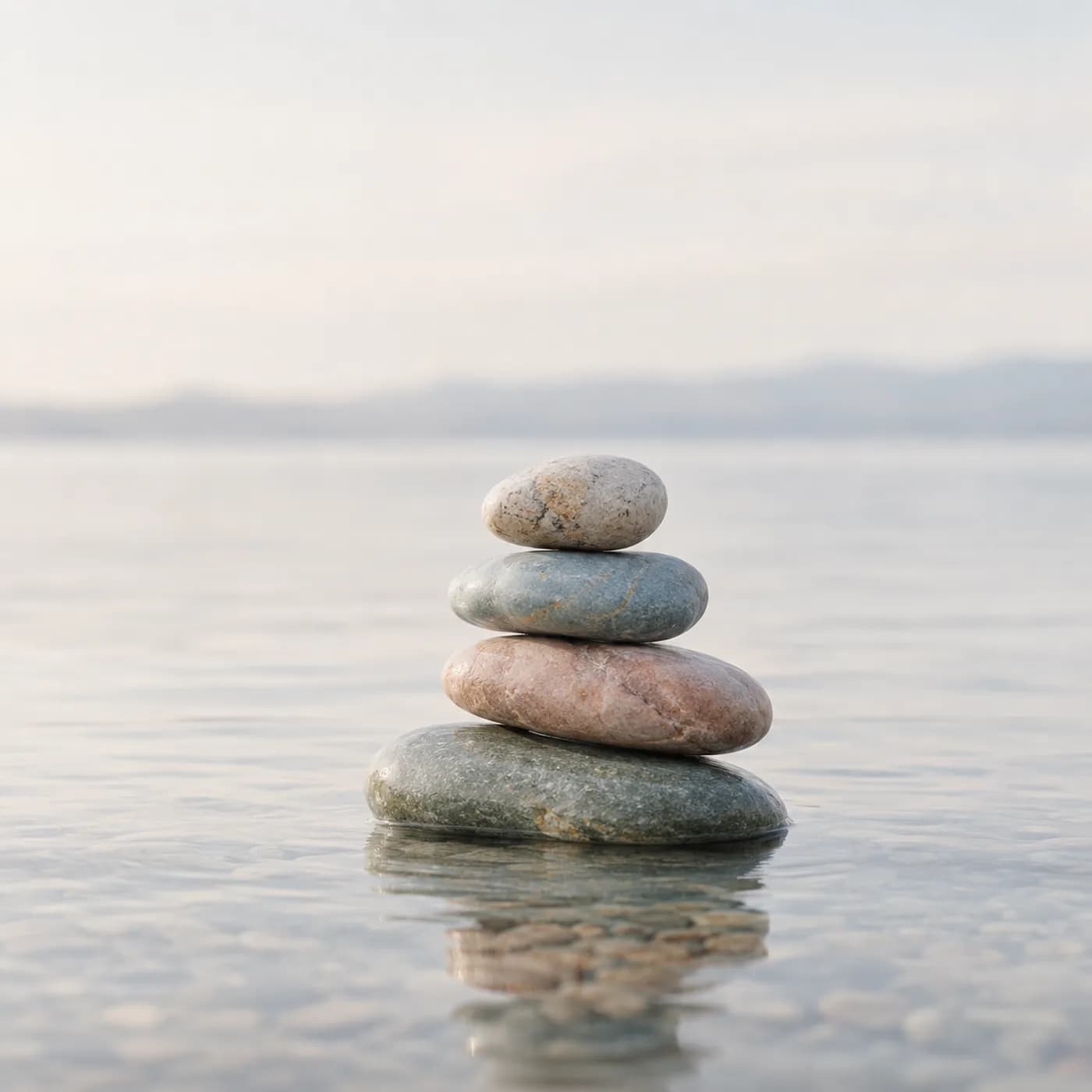 Smooth stones balanced on still water at dawn