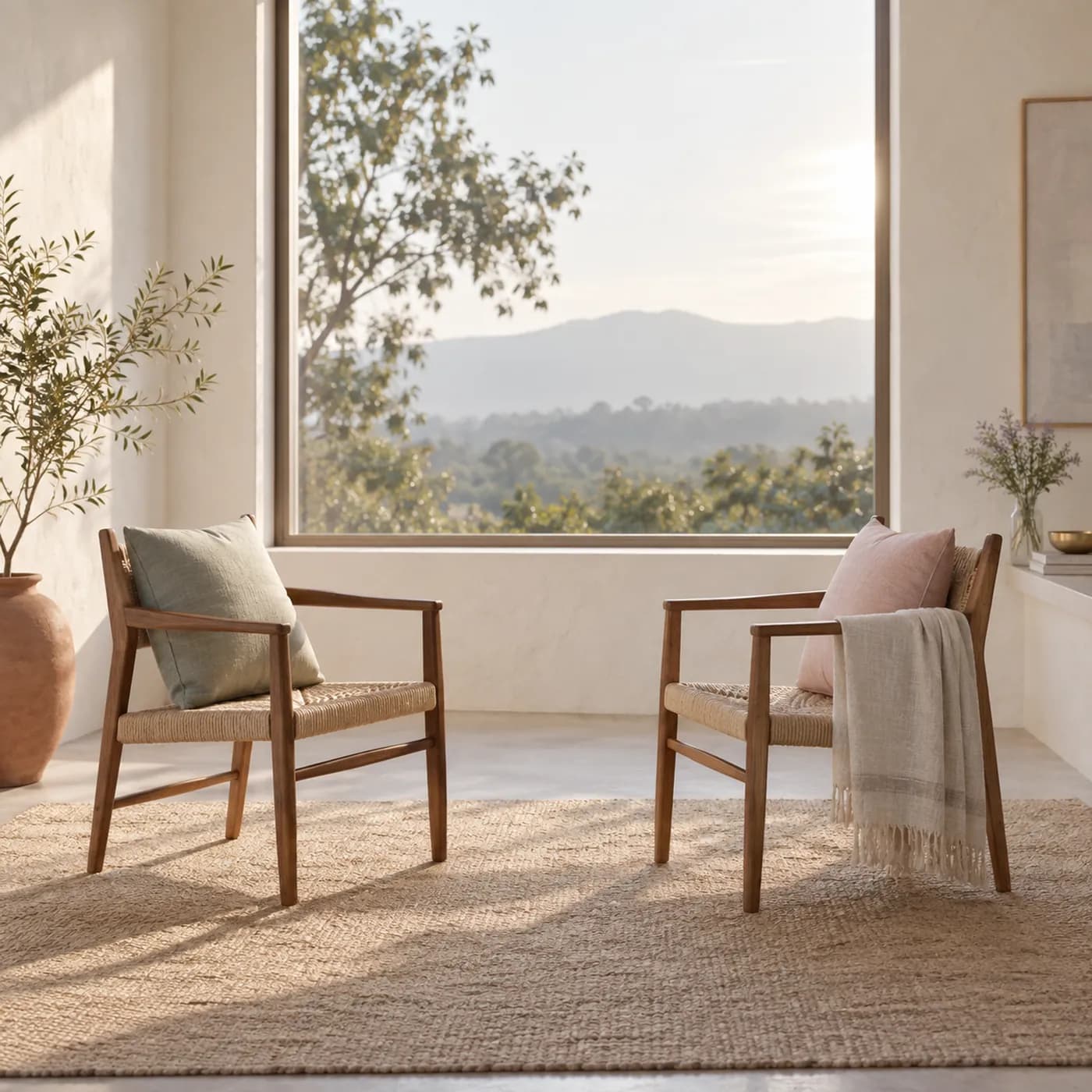 Two armchairs facing each other beside a sunlit window